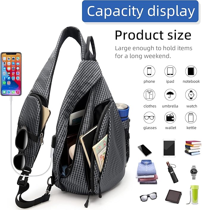 Water-Proof Sling bag/Crossbody Backpack/Shoulder Bag with USB Charging Port for Travel, Hiking, Cycling, Camping