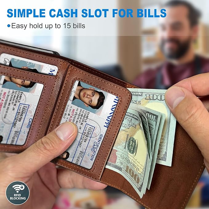 Wallet for Men,with Cash Pocket 2 ID Window 9-13 Cards,Metal Case Smart Slim Pop Up Credit Card Holder Flip with Magnetic Closure RFID Blocking Trifold wallet with Gift Box