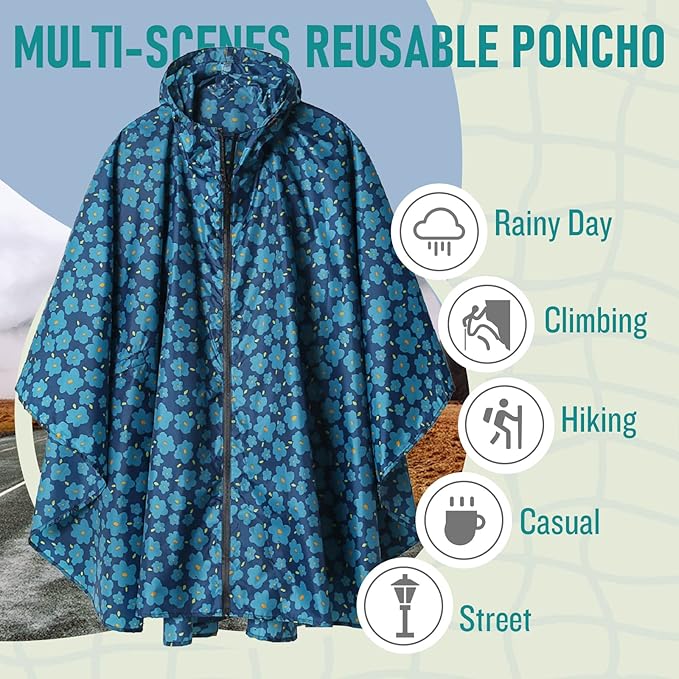 SaphiRose Unisex Rain Poncho Raincoat Hooded for Adults Women with Pockets