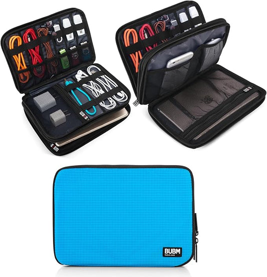 BUBM Double Layer Electronic Accessories Organizer, Travel Gadget Bag for Cables, USB Flash Drive, Plug and More, Perfect Size Fits for iPad Mini (Medium, Blue)