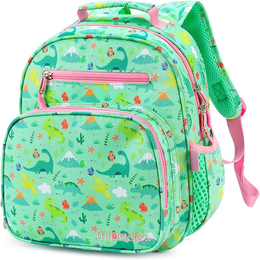mibasies Toddler Backpack for Girls 2-4: Cute Kids Backpacks for Girls - Preschool Kindergarten Backpack - Dinosaur Forest Light Green