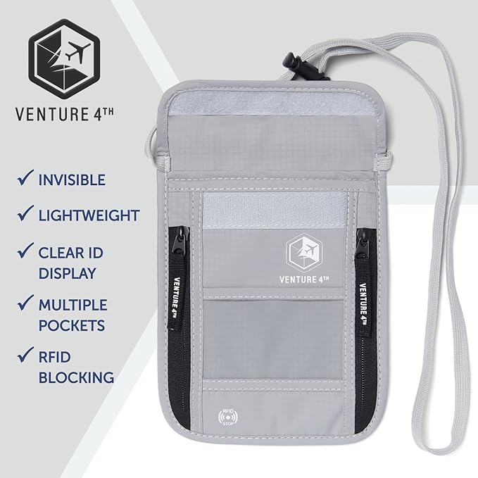 VENTURE 4TH Passport Holder Neck Wallet with RFID Blocking Nylon Lining - Hidden Neck Pouch for Travel (Silver)