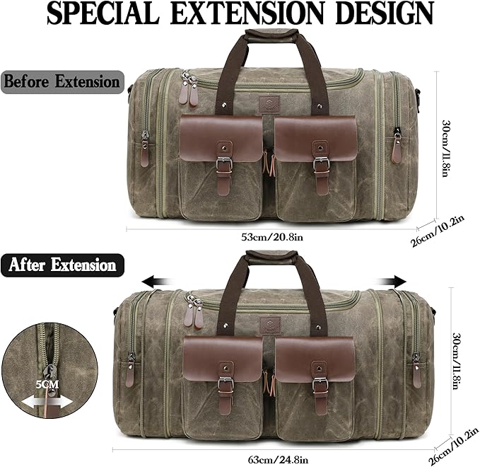 Waxed Canvas Duffle Bag for Men 60L Travel Duffel Bags Expandable Genuine Leather Duffel Overnight Weekender Carry On Bag Two Zipper Pockets Travel Bag (Vintage Grey, X Large-60L)