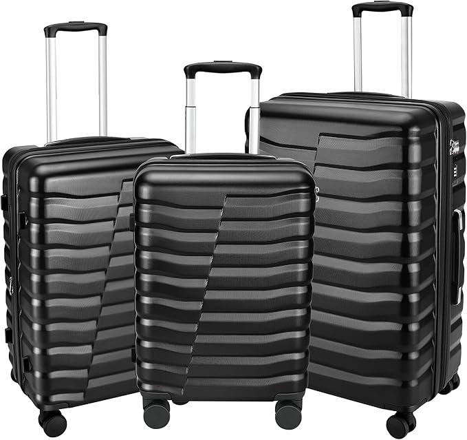 Lightweight Luggage with Spinner Wheels & YKK Zipper, Hard Shell 3-Piece Suitcase ABS+PC Hardside Luggage Set with TSA Lock for Men Travel, Black (20+24+28 inch)