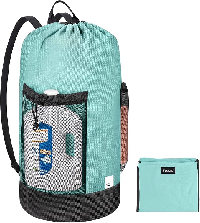BALEINE 120L Laundry Bag Backpack, 900D Oxford Fabric Large Travel Laundry Bags with Shoulder Straps and 2 Mesh Pockets for College Dorm, Apartment, Laundromat (Sky Blue, 120L)