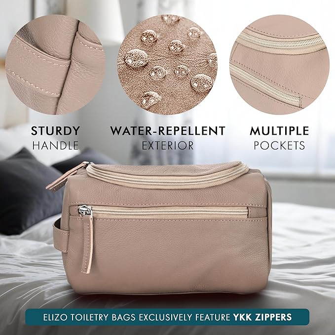 ELIZO Premium REAL Leather Toiletry Bag for Men Dopp Kitt Hanging Mens Toiletry Large TSA Toiletries Bag Shaving Grooming Bag Organizer Cream