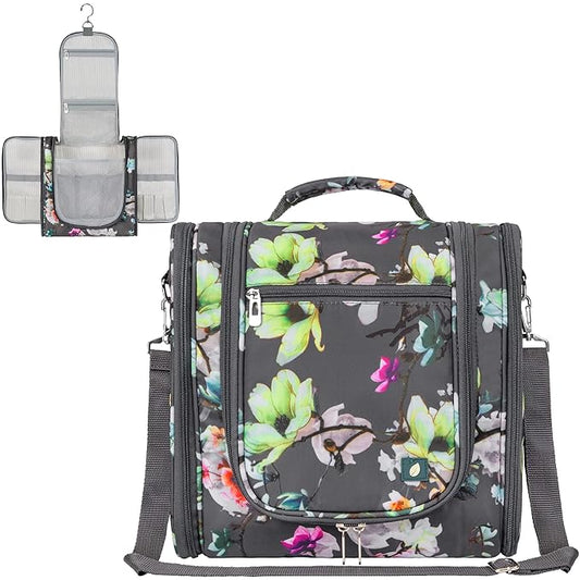 PAVILIA Extra Large Toiletry Bag Travel Bag for Women Men, Hanging Cosmetic Organizer, Water Resistant Makeup Bag for Accessories Toiletries, Travel Essentials Kit (Floral Grey)