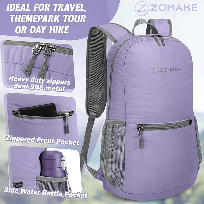 ZOMAKE Ultra Lightweight Hiking Backpack 20L - Packable Small Backpacks Water Resistant Daypack for Women Men(Lavender)