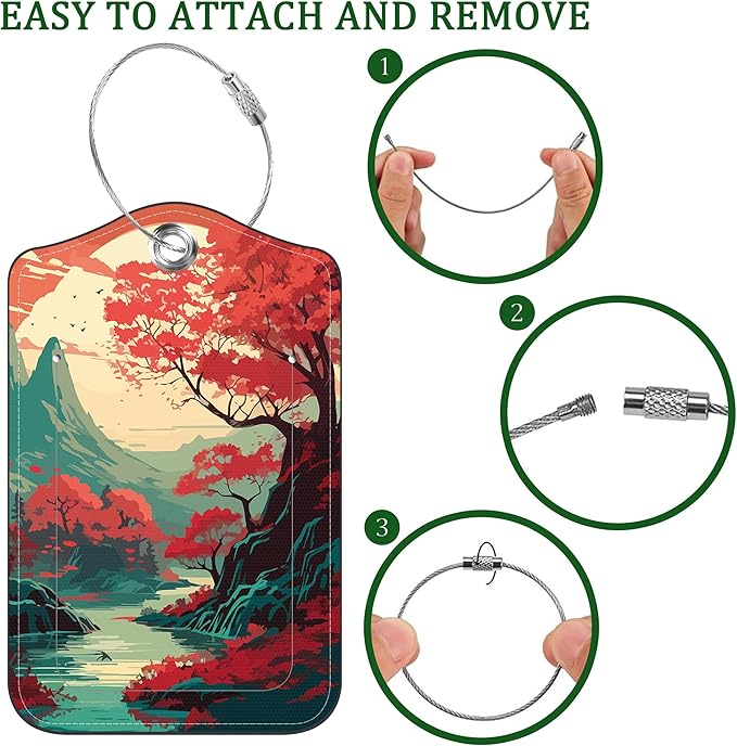 2 Pack Luggage Tag for Suitcase Japanese Sakura Tree Mountains Sunset Leather Suitcase Tags with Privacy Name ID Label and Stainless Steel Loop for Travel Bag