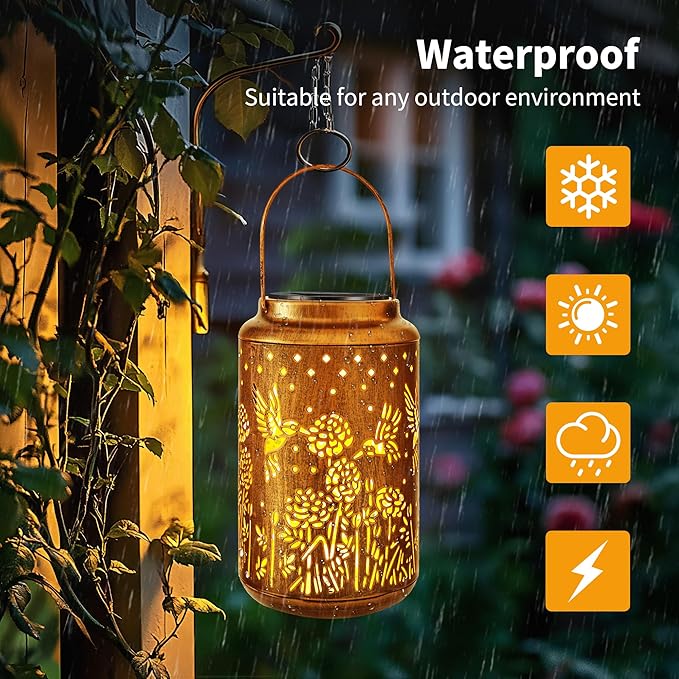 Brizled Hummingbird Solar Lantern Lights, 2 Pack LED Hollow Out Hanging Lantern Lights Outdoor, Warm White Solar Garden Light Decorative Retro Metal Outdoor Lighting for Garden Patio Courtyard Path