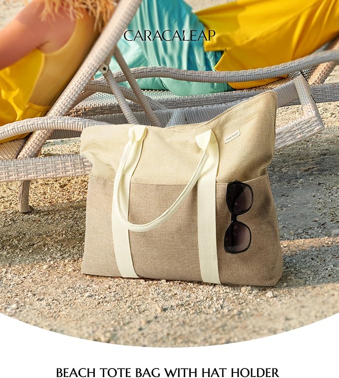 Large Beach Tote Bag with Zipper-Travel Tote Bag for Women with Sun Hat Holder Strap Boho Summer Beach Tote