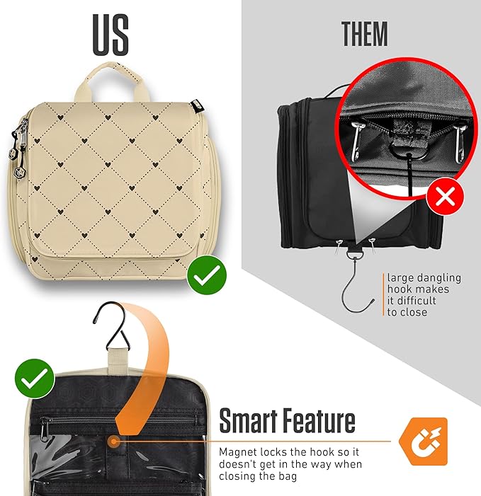 VENTURE 4TH Hanging Travel Toiletry Bag for Women & Men - Travel Organizer with Expandable Compartments & Removable Clear Pouch for Toiletries (Beige Diamonds)
