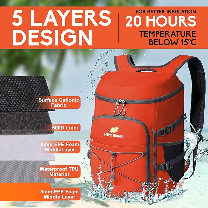 N NEVO RHINO Backpack Coolers Insulated Leak Proof 36/54 Cans,Portable Lightweight Waterproof Insulated Cooler Backpack for Men & Women Ideal for Camping,Travel,Beach,Picnics,Lunch & Day Trips