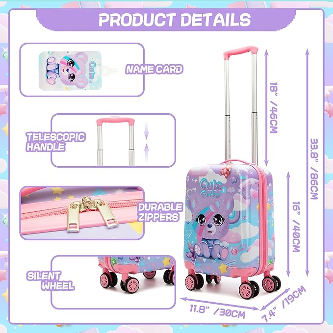 Kids Suitcase Set for Girls Hardside Luggage with Spinner Wheels 2 Piece 16inch Toddler Suitcase for Girls Travel Carry on Luggage Airline Approved