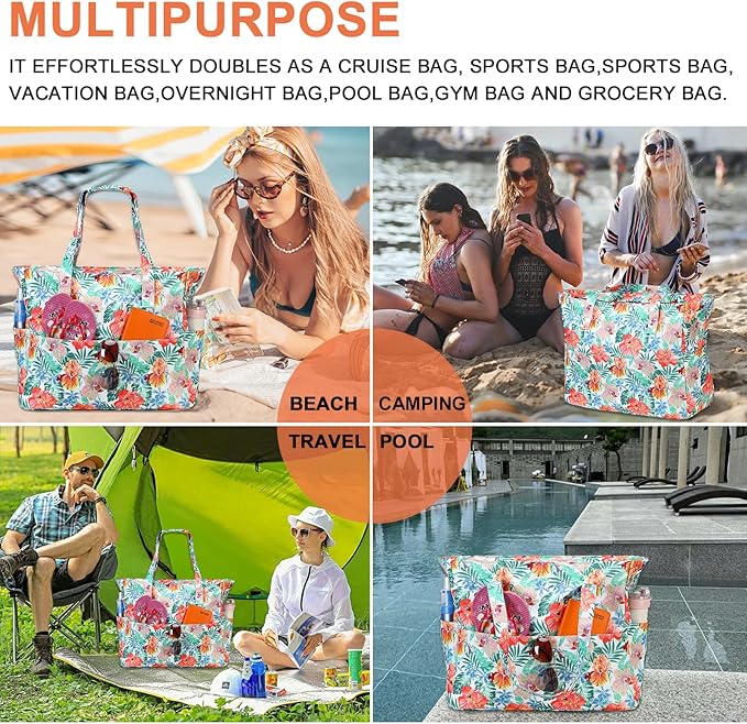 Waterproof Beach Tote Pool Bags for Women Ladies Extra Large Gym Tote Carry On Bag With Wet Compartment for Weekender Travel