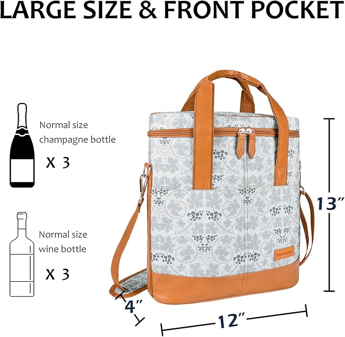 Tirrinia Insulated Wine Gift carrier - 3 Bottle Travel Padded Wine Carry Cooler Tote Bag with Handle and Adjustable Shoulder Strap, White Flower