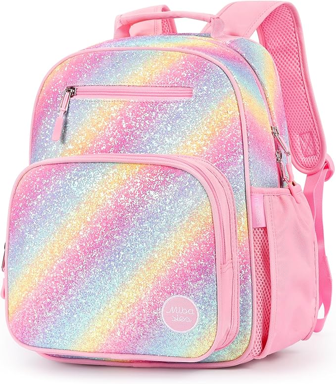 mibasies Girls Backpack 5-8: Glitter Kids Backpacks for Girls - Girl Bookbag for Elementary School - Twill Rainbow Pink