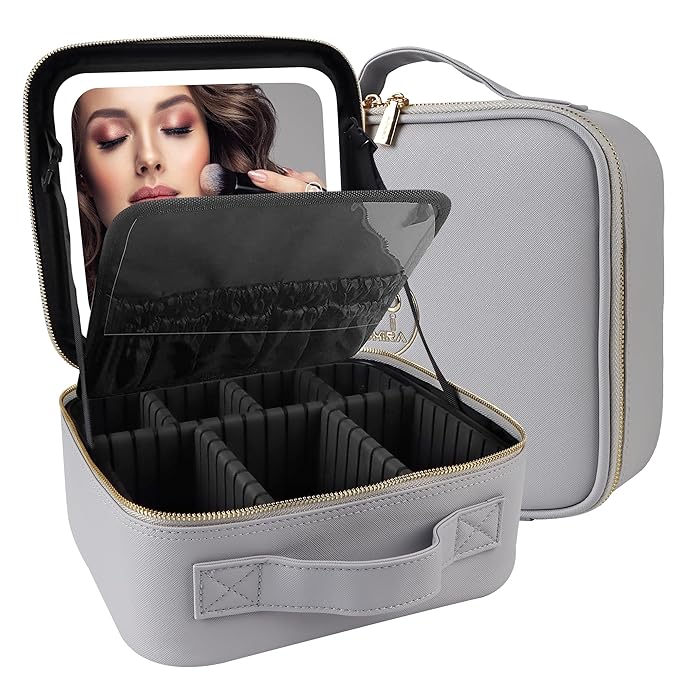 MOMIRA Travel Makeup Bag Cosmetic Bag Makeup Organizer Bag with Lighted Mirror, Adjustable Brightness in 3 Color Scenarios, Waterproof Makeup Train Case, Gift for Women - Grayish