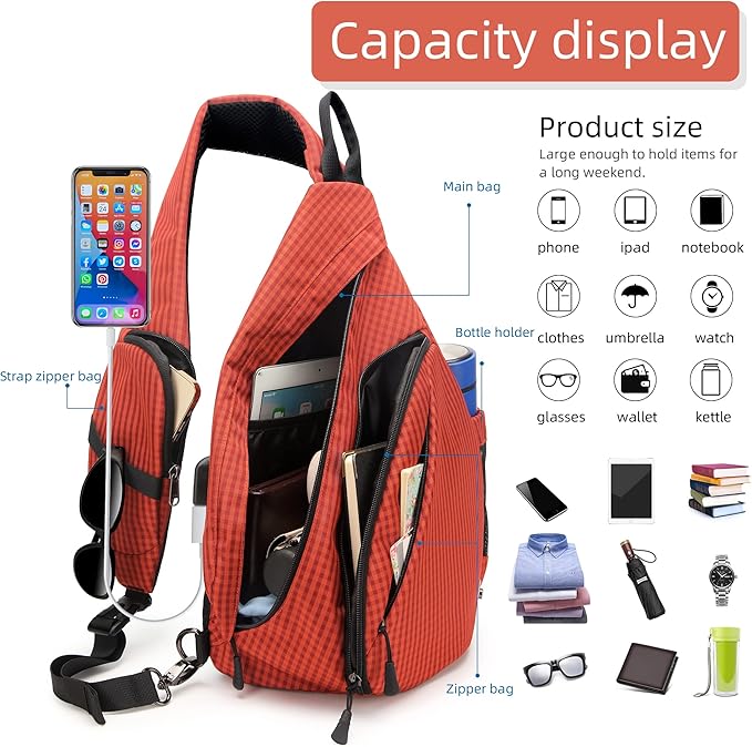 Water-Proof Sling bag/Crossbody Backpack/Shoulder Bag with USB Charging Port for Travel, Hiking, Cycling, Camping