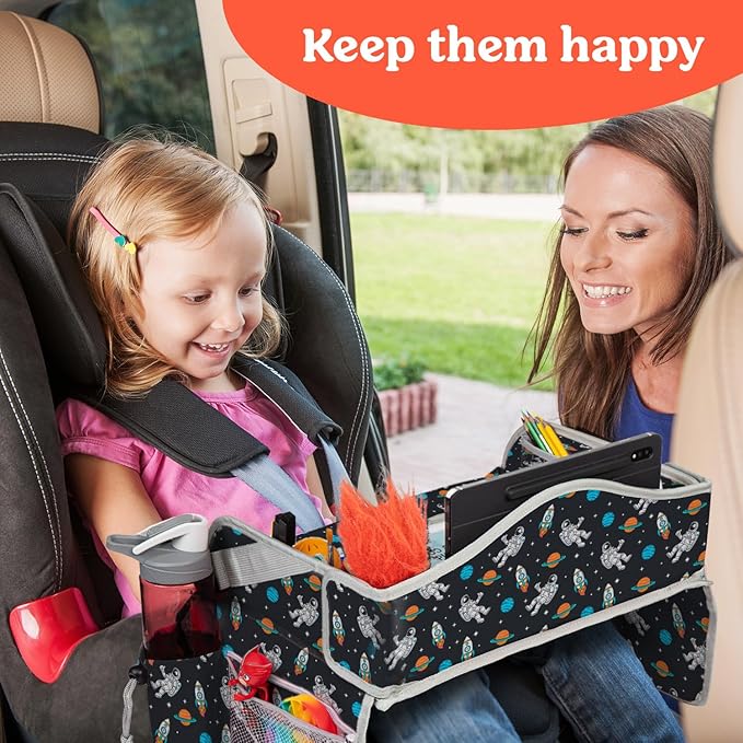 PILLANI Kids Travel Tray for Car - Car Seat Tray for Kids, Roadtrip Essentials, Carseat Table Tray for Kids Road Trip Activities - Toddler Lap Desk Organizer for Airplane