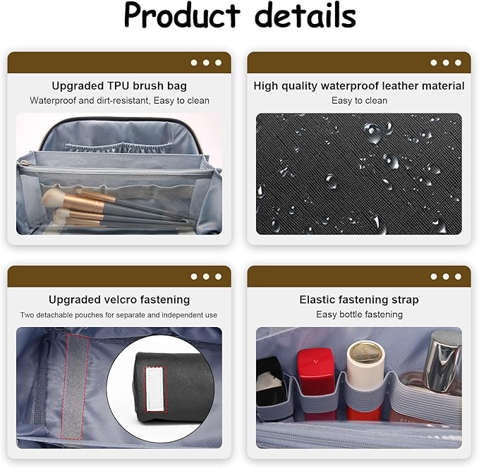 BOYATU Travel Makeup Bag Organizer Cosmetic Bag: 3 Pcs Set Make up Bags for Women with Handle - Waterproof Vegan Leather Toiletry Bags with Comparments (D-03-Black)