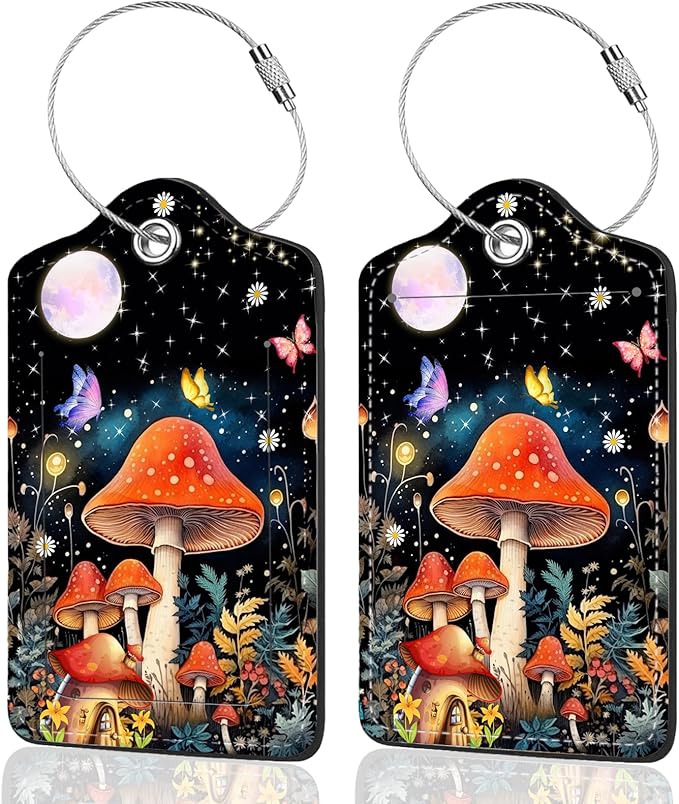 2Pack Luggage Tags for Suitcases, Cute Unique Pu Leather Cruise Luggage Tag with Privacy Cover ID Label Address Card and Metal Ring Suitable for Women Men Kids Travel Bag Mushrooms and The Moon