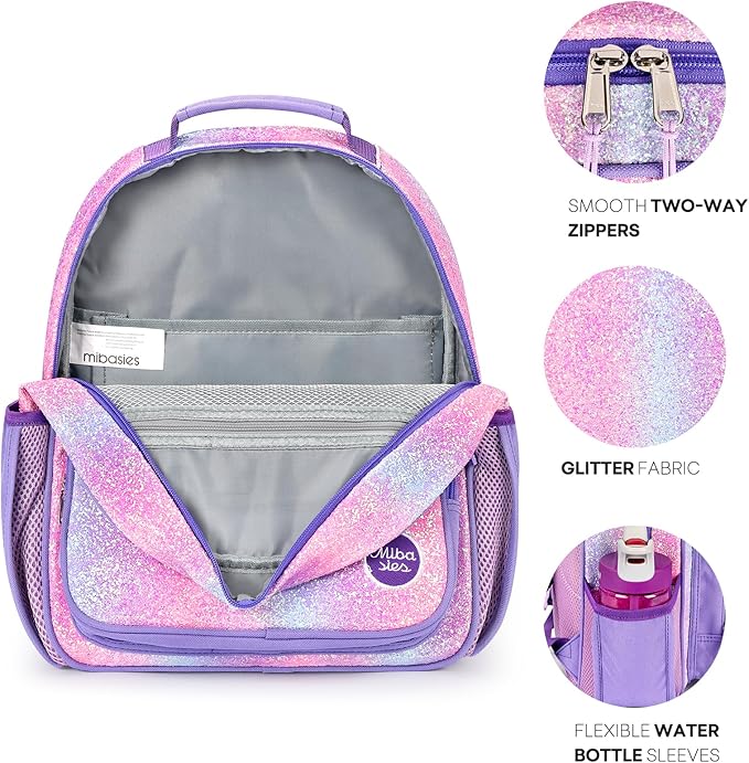 mibasies Girls Backpack 5-8: Glitter Kids Backpacks for Girls - Girl Bookbag for Elementary School - Purple