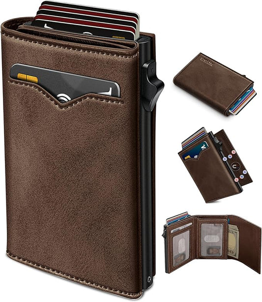Wallet for Men,with Cash Pocket 2 ID Window 9-13 Cards,Metal Case Smart Slim Pop Up Credit Card Holder Flip with Magnetic Closure RFID Blocking Trifold wallet with Gift Box