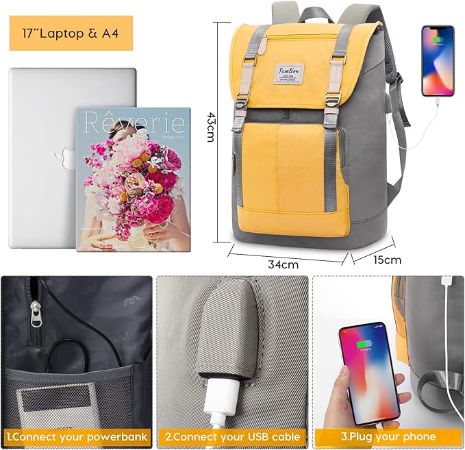 17" Laptop Backpack for Girls & Boys Teens, College Bookbag High School Backpack with USB Charging Port for Women & Men