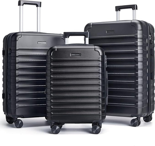 LIGHT FLIGHT Luggage Sets, 3 Piece Durable Suitcase Set with Spinner Wheels, 3 Pcs Hardside Lightweight luggage with TSA Lock, Large Checked Travel Suitcases, 20/24/28 Inch, Black
