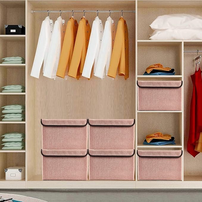 Linen Fabric Foldable Storage Cube Bin Organizer Basket with Flip-Top Lid & Handles, Large Clothes Blanket Box for Home, Office, Closet, Pink, 4 Pack 14.6 x 9.5 x 9.5”