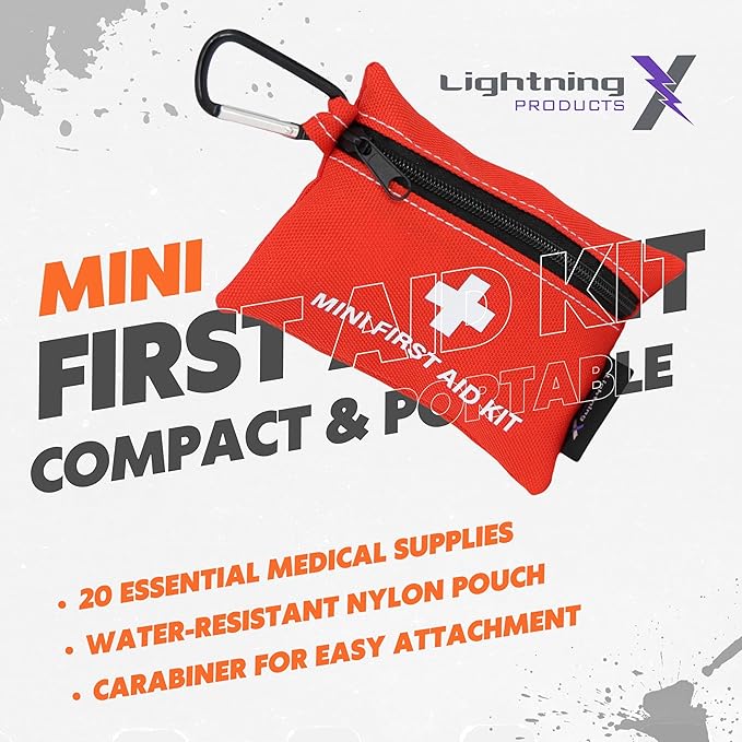 Lightning X Mini First Aid Kit – Compact 20 Piece Emergency Medical Kit with Carabiner | Portable Water Resistant Travel First Aid Pouch for Hiking, Camping, Car, Backpack, Outdoor Survival