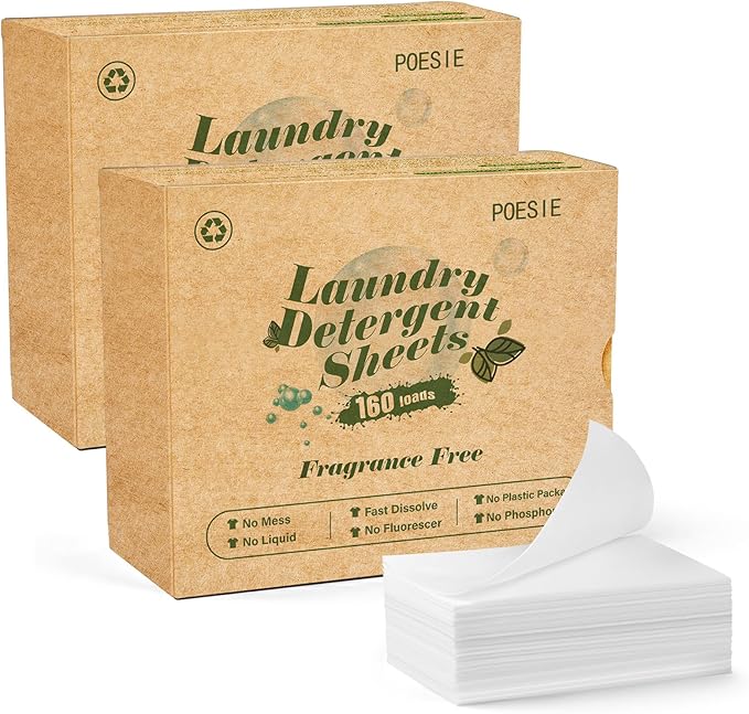 Poesie Laundry Detergent Sheets Fragrance Free 320 Sheets Liquid Free Travel Laundry Soap Non-Plastic Jug Camping Laundry Strips for Home & Outdoor