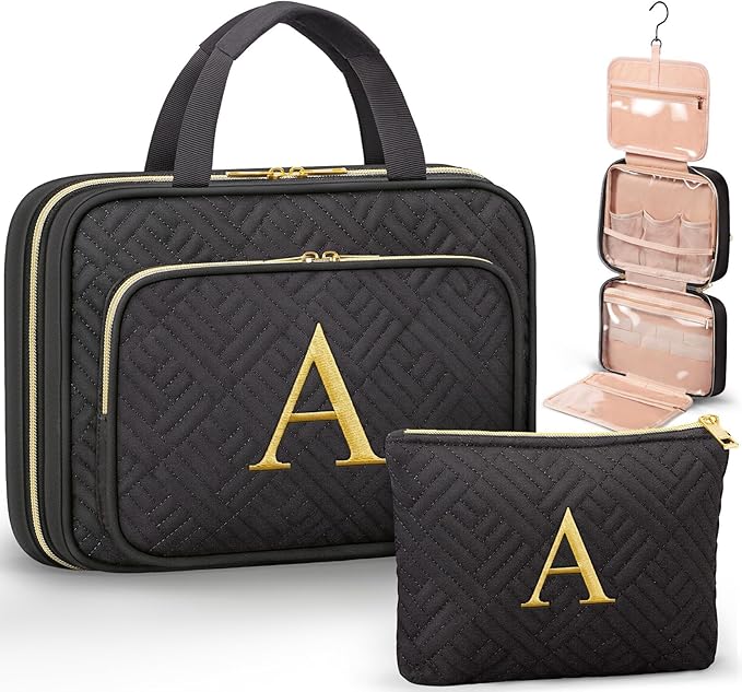 Personalized Gifts for Women, Initial Toiletry Bag Hanging Travel Organizer & Makeup Cosmetic Bag with Embroidery Letter Teacher Appreciation Gift Birthday Mothers Day Gifts for Mom Wife Friend Sister