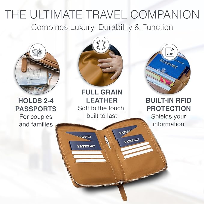 Full Grain Leather Family Passport Holder for 2-4 Passports - RFID Passport Holder and Travel Document Organizer - Large Leather Travel Wallet for Couples and Families - Camel