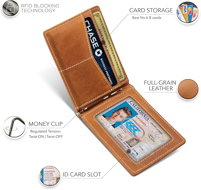 SERMAN BRANDS RFID Blocking Wallet Slim Bifold - Genuine Leather Minimalist Front Pocket Wallets for Men with Money Clip Gift