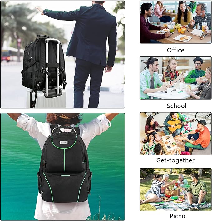 VECKUSON Laptop Backpack, 15.6 Inches, Green, Unisex, Waterproof, USB Charging Port, Insulated, TSA Approved, Anti-Theft, Durable Polyester Nylon Fabric
