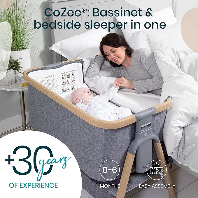 CoZee® 2-in-1 Baby Bassinet & Bedside Sleeper - Fast-Folding Bedside Bassinet, Baby Crib with 6 Mattress Heights & Breathable Mesh Window, Mattress Included, 0-6 Months (Oak & Charcoal)
