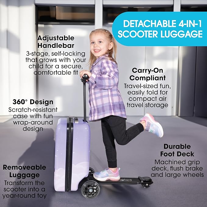 KIDDIETOTES Detachable 4-in-1 Scooter Luggage for Kids – Ride-On Suitcase with Removable Luggage Body, Adjustable Handlebar, Durable Deck & Brake, Carry-On Size – Travel & Play