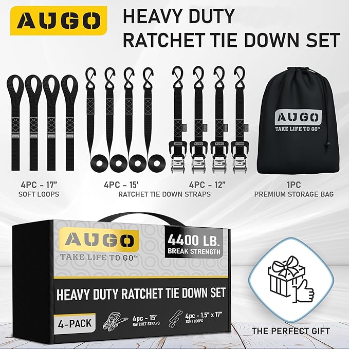 AUGO Heavy Duty Ratchet Straps & Soft Loops – Pack of 4 Extra Strong 1.5” by 15’ Ratchet Straps w/S-Hook Safety Latches & 4 Soft Loop Tie Downs – 4400Lb Break Strength for Motorcycles, ATVs, Etc.