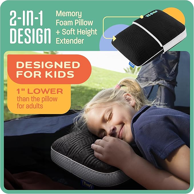 Kids Camping Pillow: Dual-Cover Memory Foam Small Pillow; Medium-Firm Camp Pillow | Mini Pillow w/ 5 Layers for Comfort and Support; Small Travel Pillow/Compact Pillow 10x16 Inches (Black)