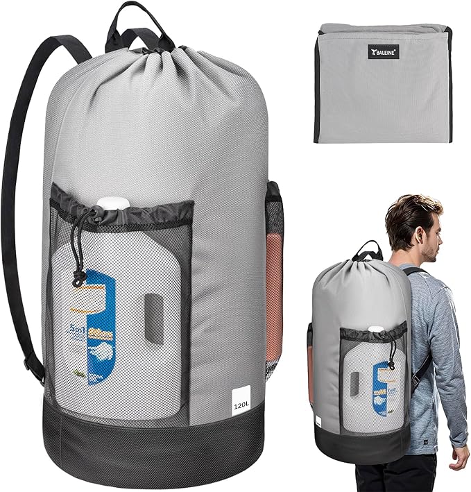 BALEINE 120L Laundry Bag Backpack, 900D Oxford Fabric Large Travel Laundry Bags with Shoulder Straps and 2 Mesh Pockets for College Dorm, Apartment, Laundromat (Gray, 120L)