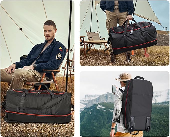 CONTAIL 32" Soft-Sided Rolling Duffle Bag with 2 Wheels,Expandable from 110L to 140L, Foldable Travel Duffel with Multiple Compartments,Black-red
