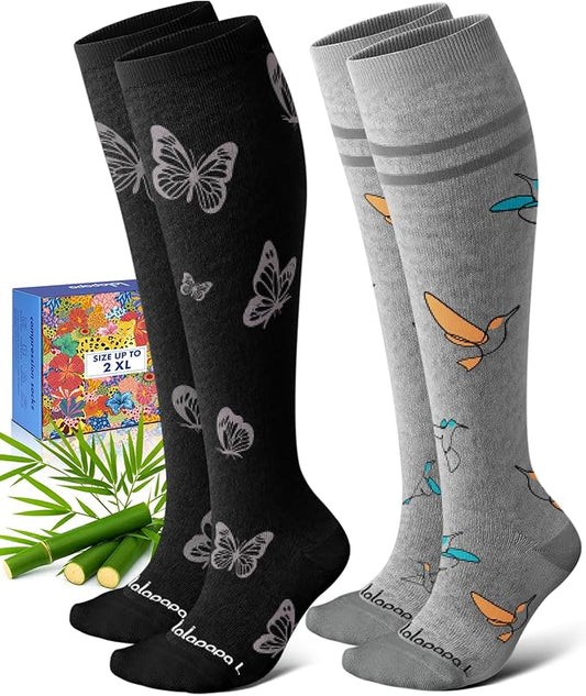 Bamboo Viscose Compression Socks for Women Men 2 Pairs 15-20mmHg Knee High Compression Socks Travel Nurse