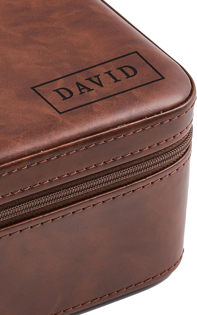 Awesometik Luxury Travel PU Leather Watch Case. Watch Storage Organizer. Watch Display & Watch Holder. Perfect For Watch Collection. Ready to Gift for Men (Brown/Brown, Engraved 3 Slot Watch Case)