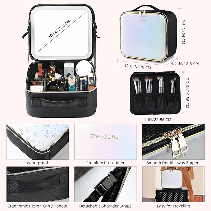 Travel Makeup Bag with LED Mirror – Waterproof Cosmetic Train Case with Adjustable Dividers, Portable Makeup Organizer and Toiletry Bag for Women, Pink Teens & Girls Gift