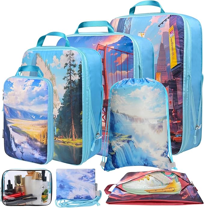 Lightweight Compression Packing Cubes for Suitcases, Compressible Expandable Travel Packing Organizer with Clear Toiletries and Backpack Bag, Travel Essentials for Carry on Luggage 7 Set
