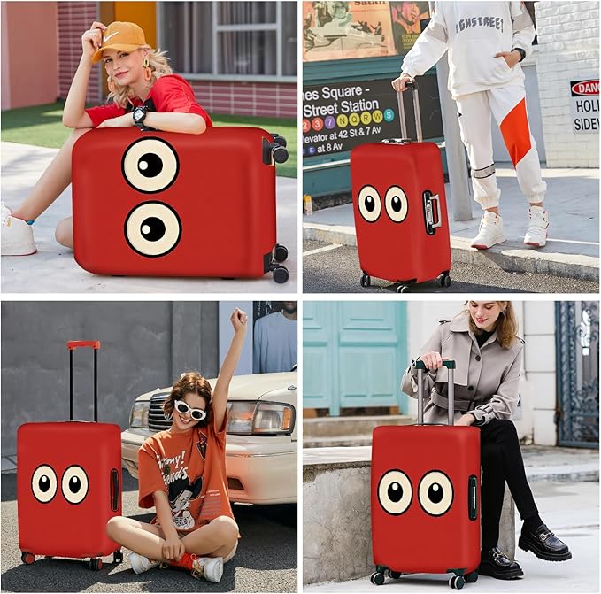 ANNA QUEEN Funny Cartoon Eyes Luggage Cover, Red Suitcase Protector with Cute Big Eyes Design, Travel Suitcase Cover for 24-26 Inch Luggage, Stretchable & Washable Spandex Travel Accessories