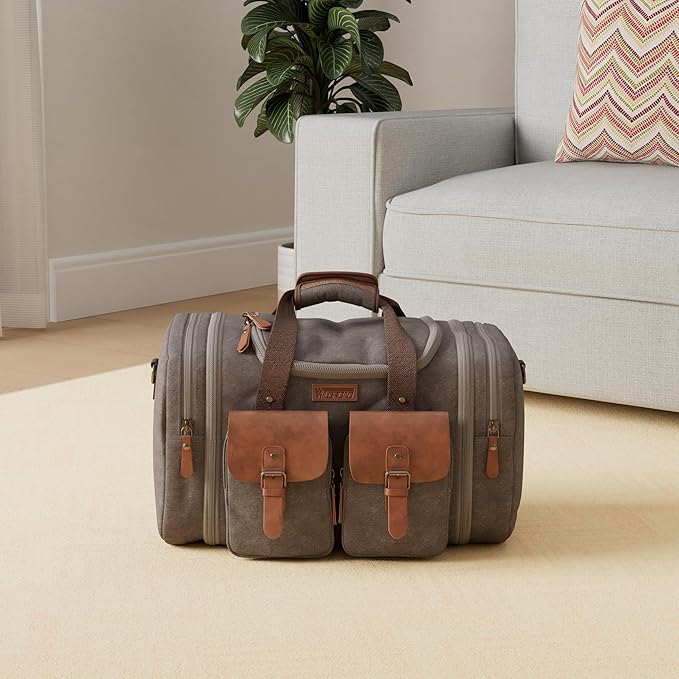 Wildroad 50L Travel Duffel Bag, Expandable Canvas Genuine Leather Duffle Bag Upgraded Overnight Weekender Carry on Bag