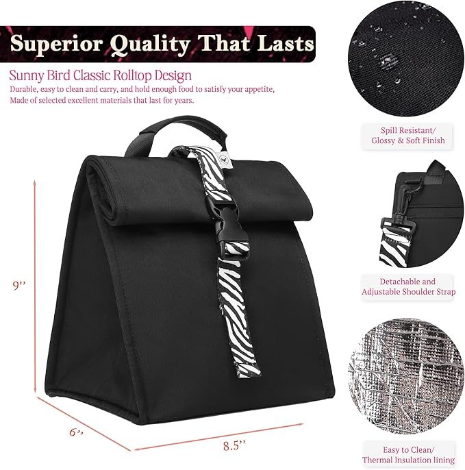 SUNNY BIRD Insulated Lunch Bag Rolltop Lunch Box Tote Bag for Women, Men, Adults and Teens (Black with white strap)
